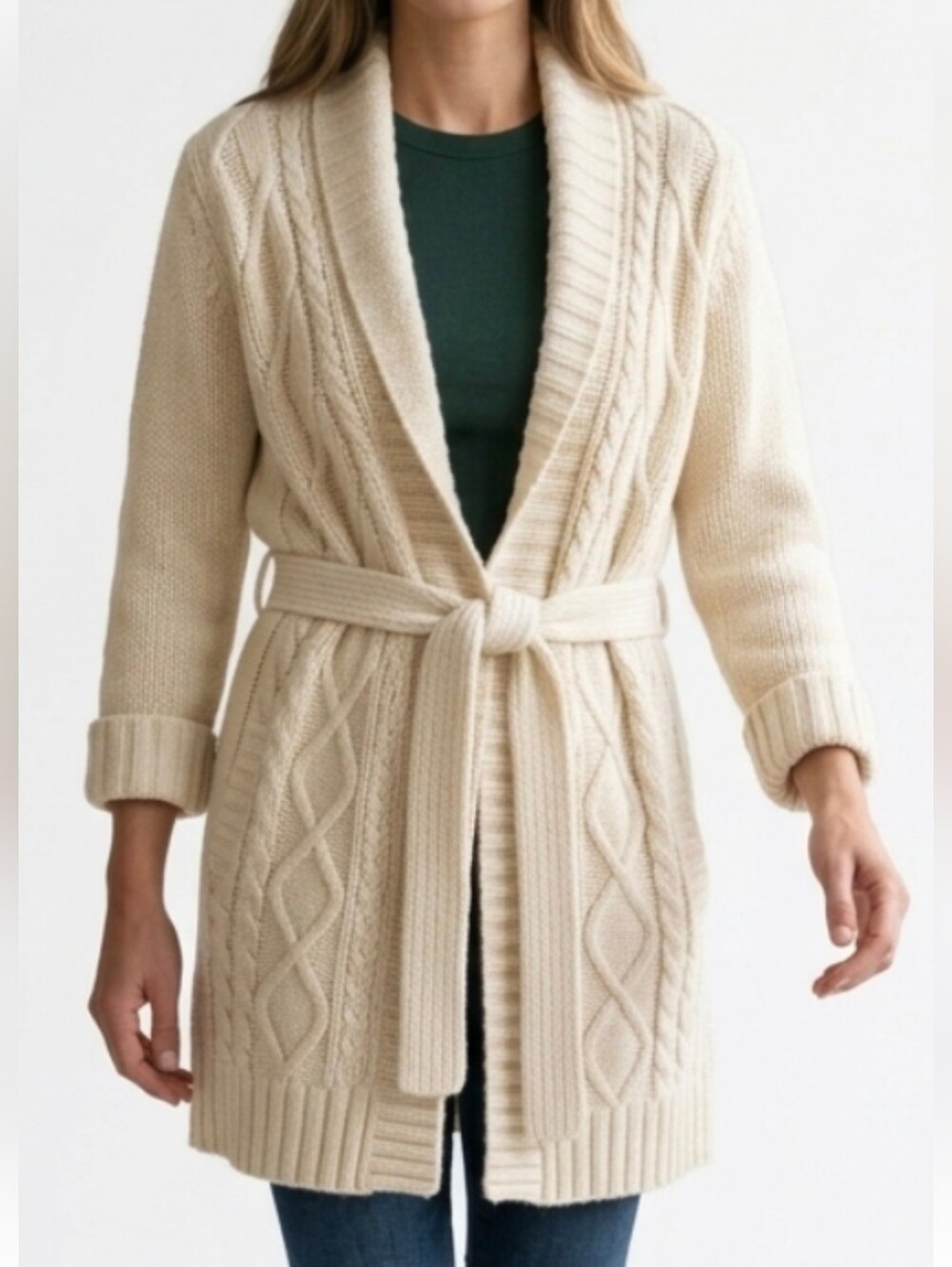 Talbots Cream Alpaca Merino Wool Blend Cable Knit Belted Cardigan Robe Sweater